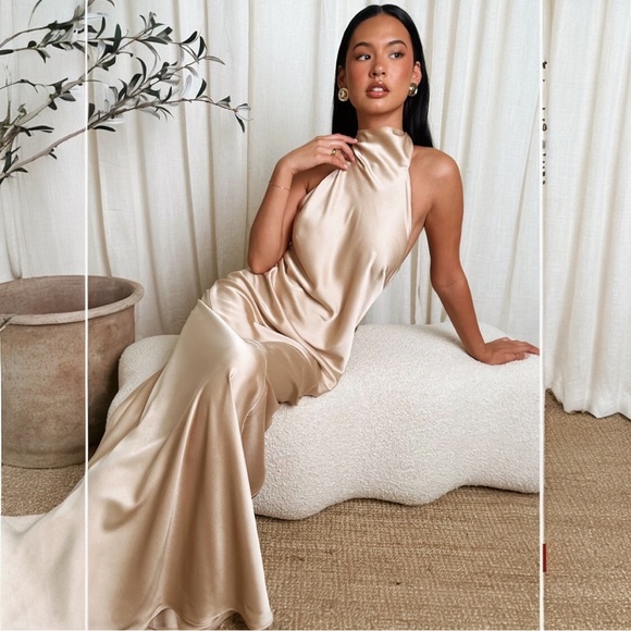Show Me Your MuMu Dresses & Skirts - Show Me Your Mumu Lisa Maxi Dress Small Champagne Satin Halter Open Back